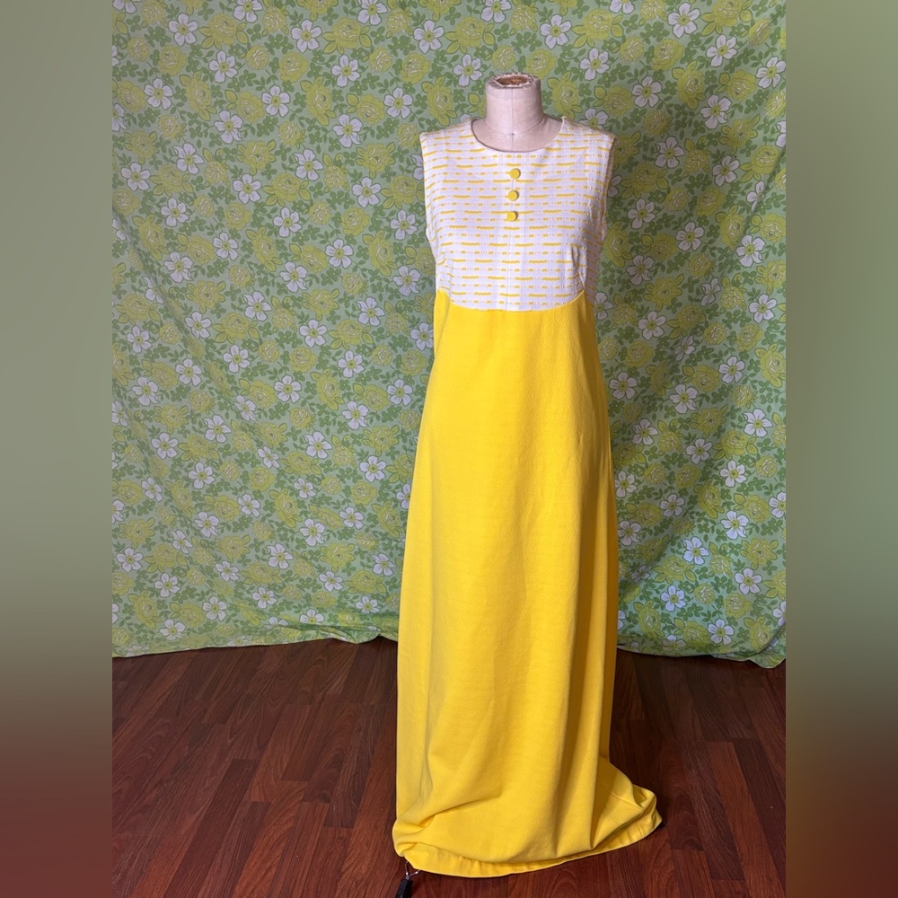 Vintage 60s 70s Sleeveless Yellow Maxi Dress Jacket 2 Piece M Hippie Mod Gogo